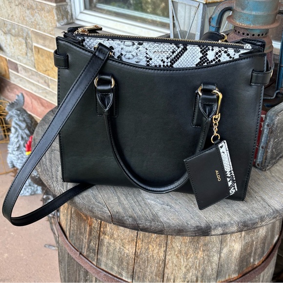 Aldo Handbags - ALDO Black and Snake‎ Print Satchel Bag